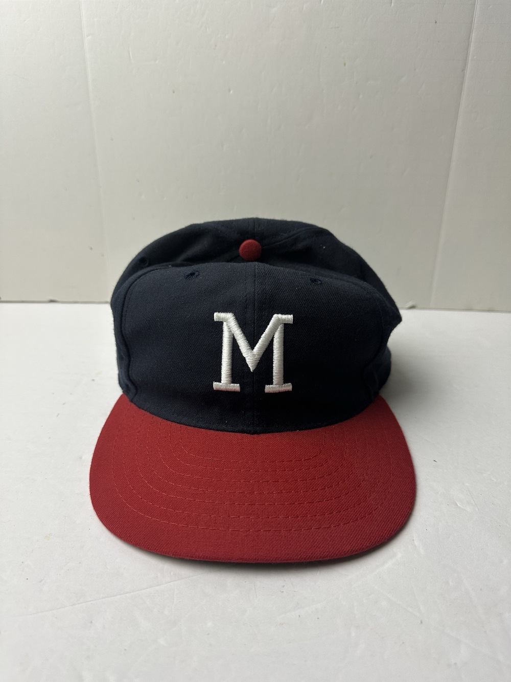 Roman navy and red fitted baseball cap with white embroidered m logo